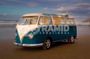 Poster Vintage Camper Pulmino Volkswagen Blu in Spiaggia